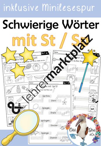 Wörter mit St / Sp Arbeitsblätter für Deutsch inklusive Minilesespur