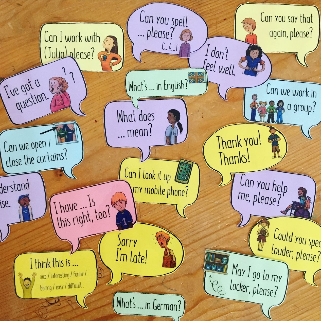 Classroom Phrases mit schönen Illustrationen – Unterrichtsmaterial in